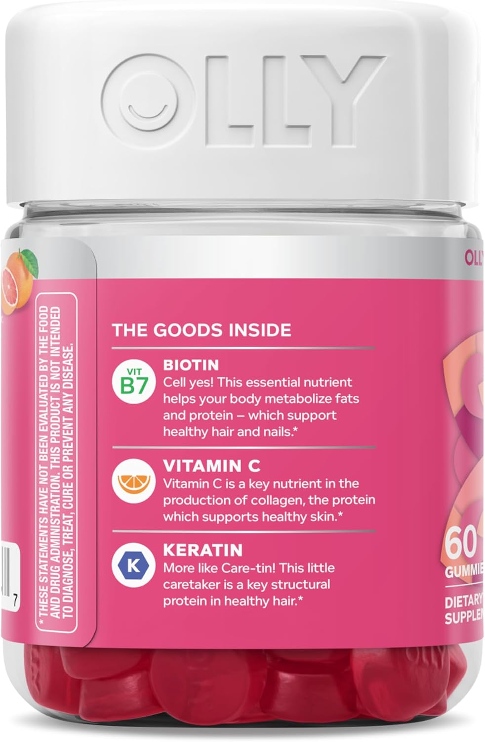 OLLY Undeniable Beauty Gummy, For Hair, Skin, Nails, Biotin, Vitamin C, Keratin, Chewable Supplement, Grapefruit, 30 Day Supply - 60 Count