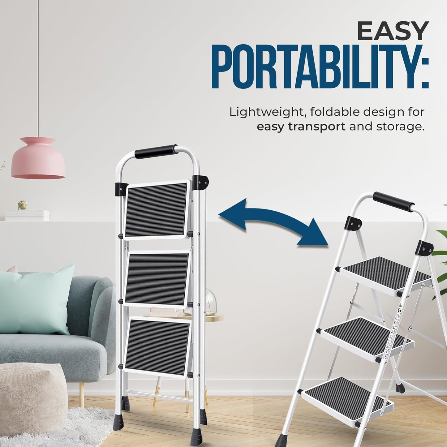 Simpli-Magic 3-Step Ladder, 350 LBS Capacity Folding Step Stool – Anti-Slip Wide Steps & Handgrip – ANSI Certified Lightweight & Durable Steel Stepping Stool for Kitchen, Home, Office & Garage