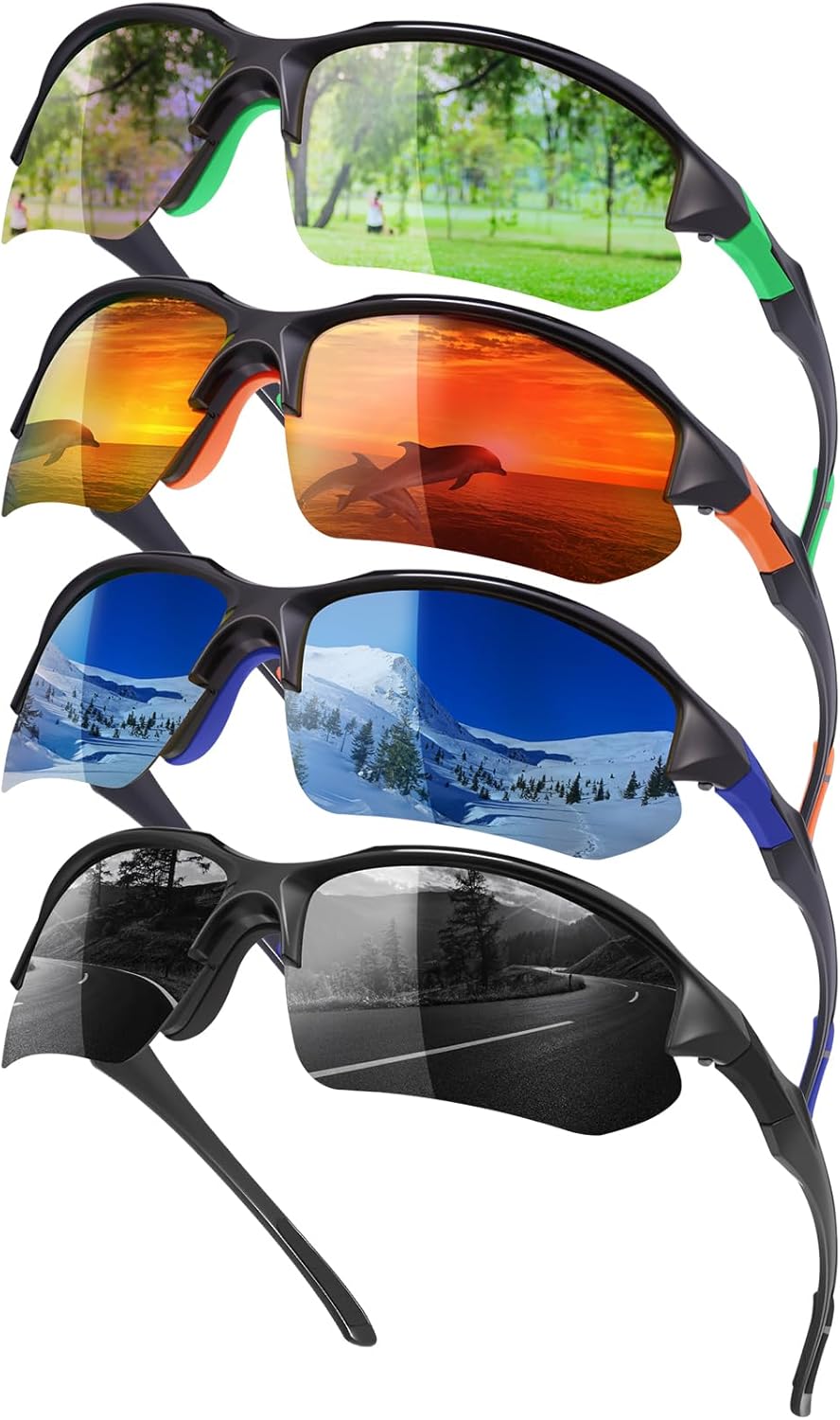 4 Pack Polarized Sports Sunglasses for Men & Women | UV Protection Lightweight Wraparound Sunglasses for Outdoor