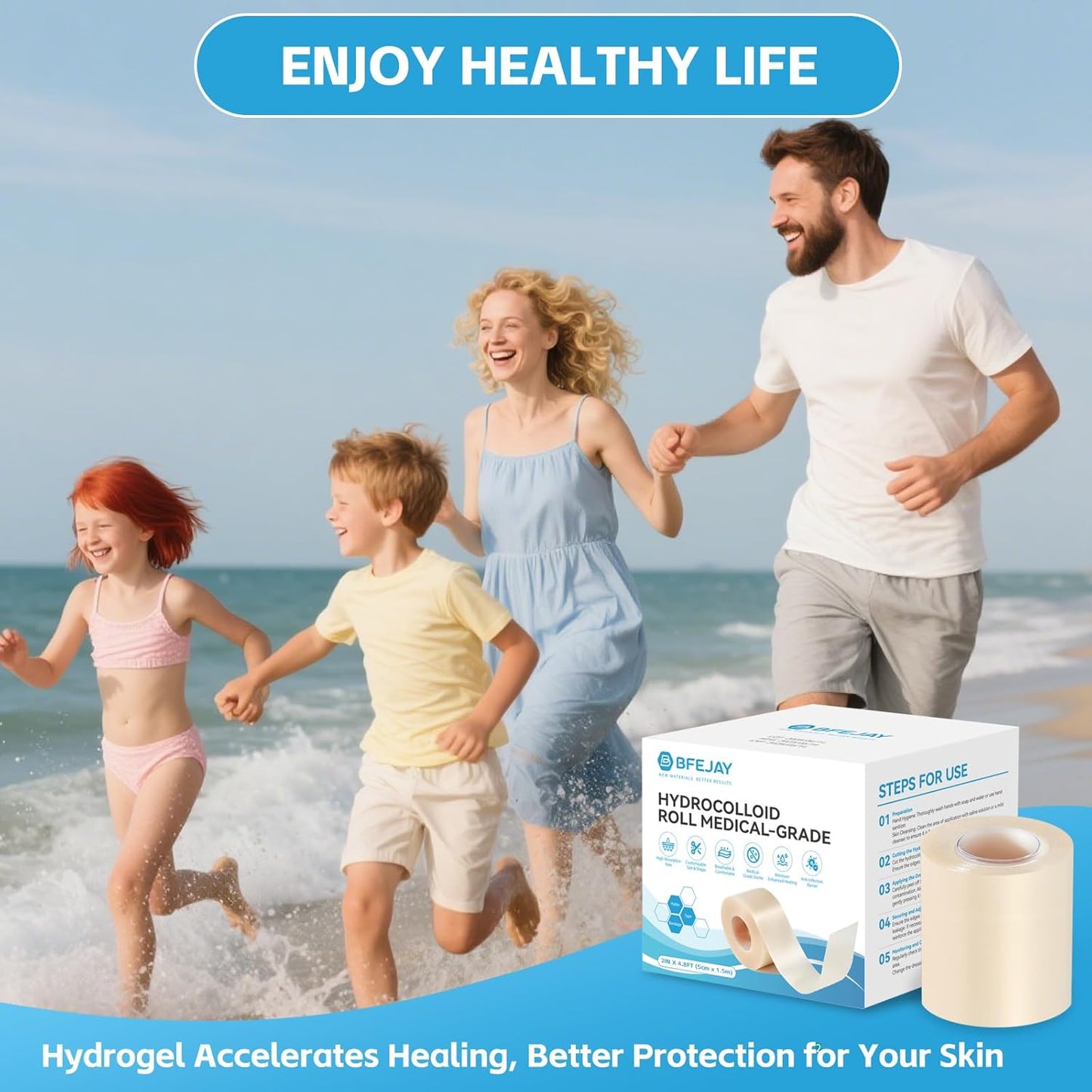 Hydrocolloid Bandages for Wound Care, Medical-Grade Hydrocolloid Roll with Self-Adhesive, Ultra Absorbent, Flexible & Waterproof, Cut-to-Size First Aid Kit Essential (2in*4.8ft)