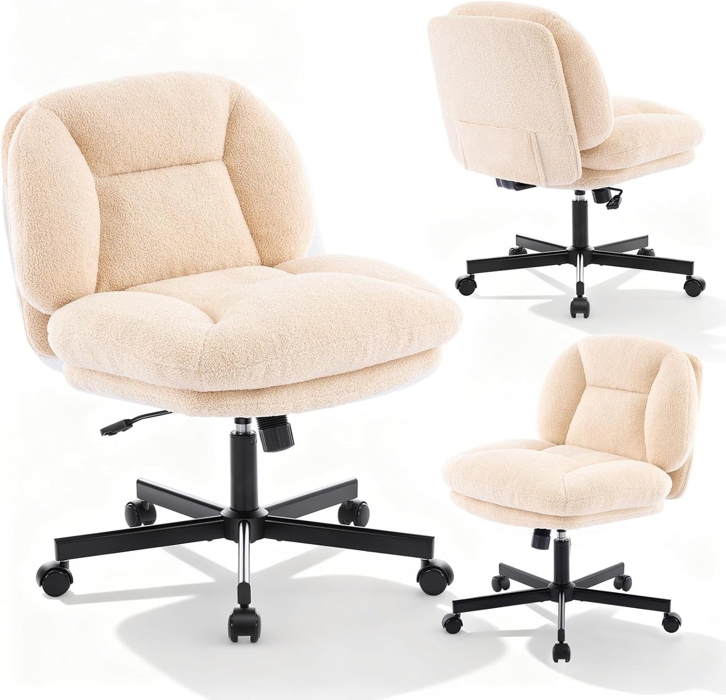 Criss Cross Chair, Thick Cushioned Ergonomic Cross Legged Office Chair with Wheels, Armless Swivel Vanity Chair, Height Adjustable Wide Computer Desk Chair for Home and Office, Beige