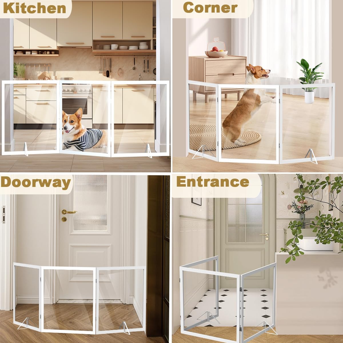 Extra Wide Clear Dog Gate 31" Tall Clear Acrylic Freestanding Dog gate Transparent Pet Gate for Doorways Stairs 3 Panel(55"-70" W)