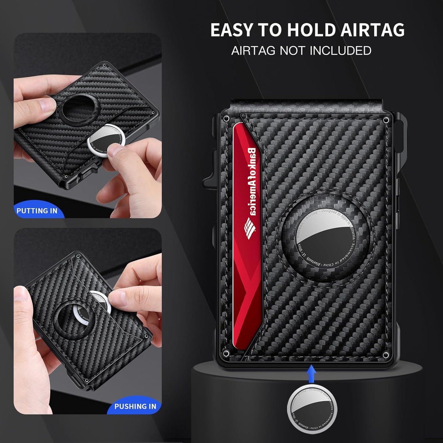 Airtag Wallet for Men, Mens Smart Wallet for Air Tag RFID Blocking, Minimalist Bifold Pop Up Aluminum Credit Card Case Holder 12+ Cards with ID Window, Gift for Men, No Airtag Included, Carbon Fiber