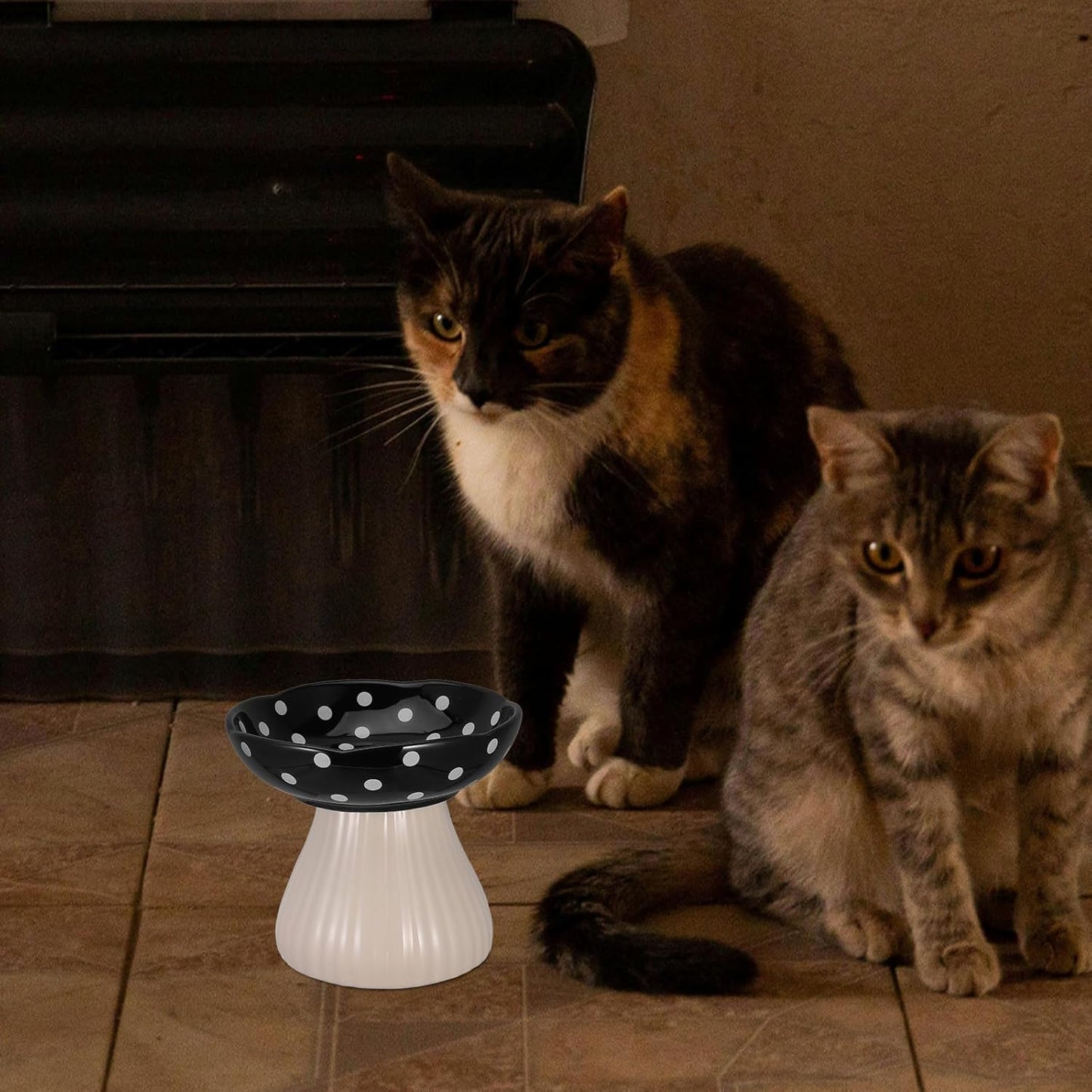 PRETYZOOM Elevated Cat Feeding Bowl and Raised Water Dish Ceramic Pet Bowl Wide Shallow Design with Black Mushroom Stand for Small Dogs and Indoor Cats