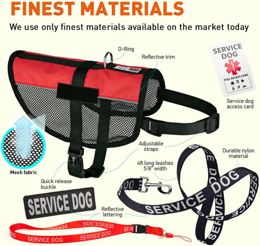 Dogline Service Dog Vest Harness Bundle Official Red Service Dog Reflective Leash & Patches Service Dog in Training Set Service Dog ADA IDs with Lanyard for Travel Support Therapy Dogs