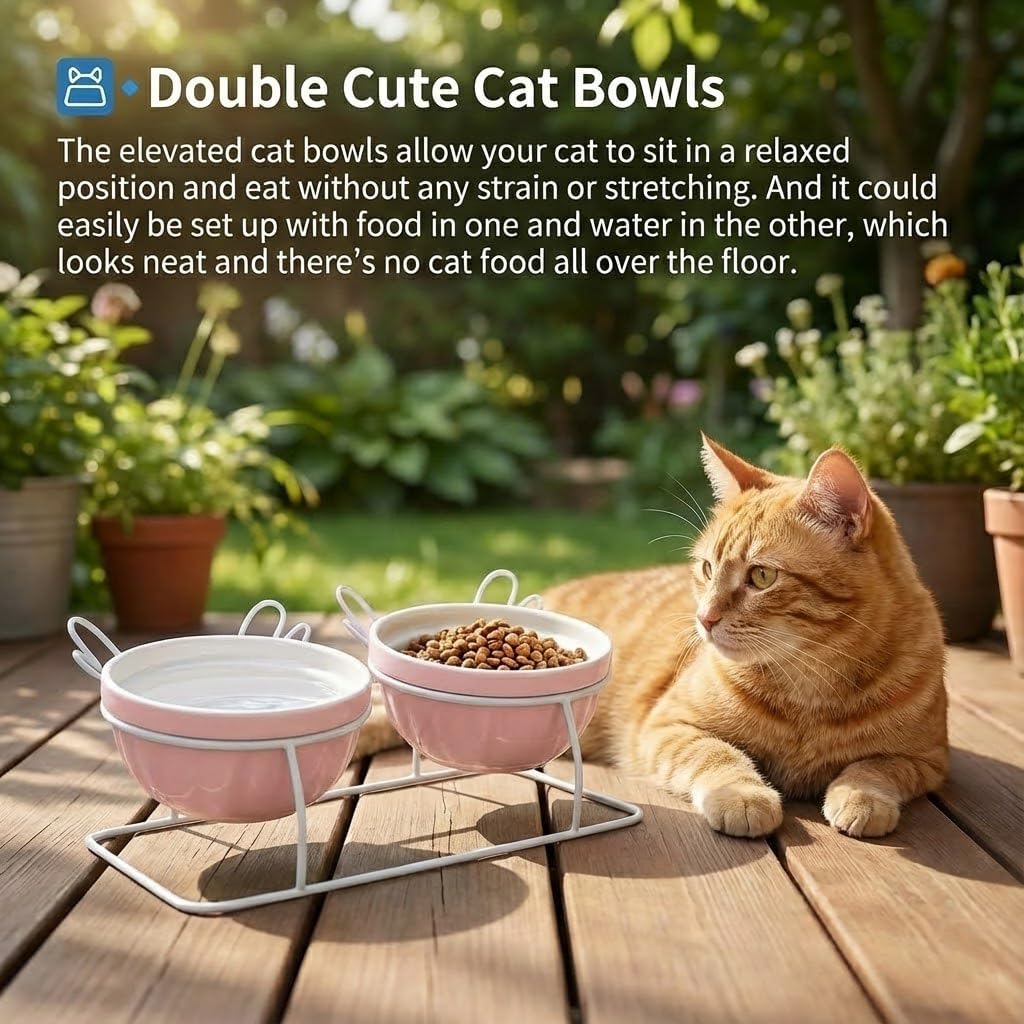 Elevated Tilted Cat Bowls with Metal Stand, Raised Ceramic Food and Water Bowls, Double Removable Dishes with Cute Wing Design, 15° Tilted Anti-Vomiting Pet Feeder, Non-Slip for Indoor Cats (Pink)