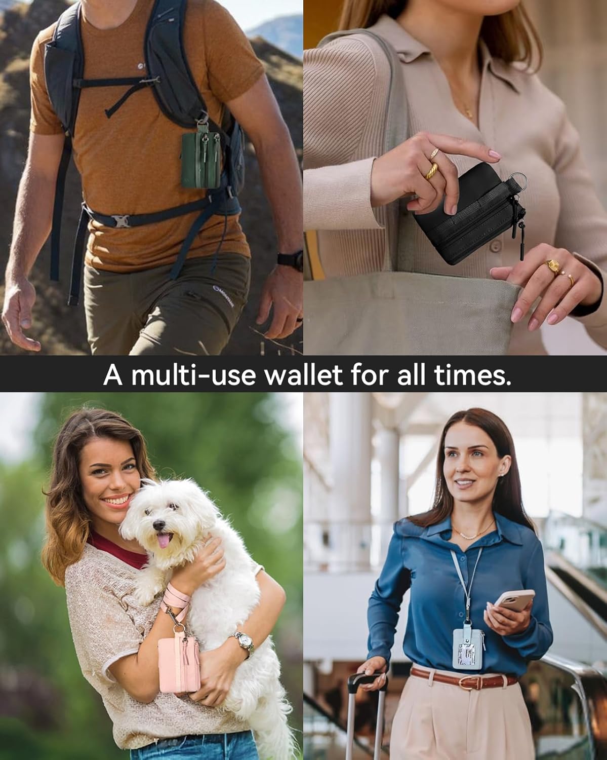 BOSTANTEN Small Wallet RFID, Minimalist Zip ID Case Wallet with Lanyard Keychain, Water Resistant Card Wallets for Women & Men, Black
