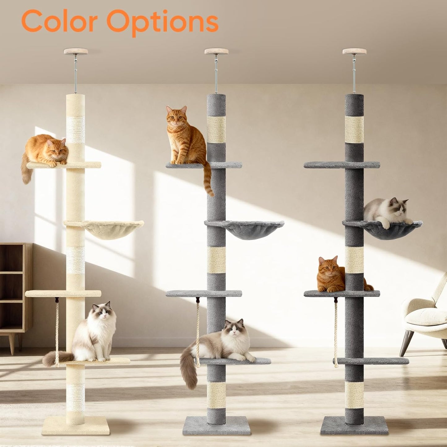 Cat Tree 5-Tier Floor to Ceiling Cat Tree 89-109 Inch, Adjustable Height Cat Tower, Cozy Hammock and Sisal Scratch Post, Provides Vertical Enrichment for Jumping Climbing, Grey