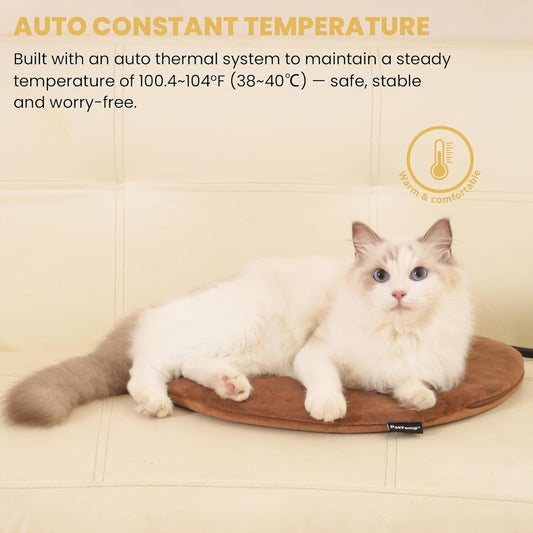 Pet Heating Pad for Cats Dogs Indoor & Sheltered Outdoor Waterproof Heated Cat Bed Heated Dog Bed Chew Resistant Cord Constant Temperature Brown Round 16 Inch