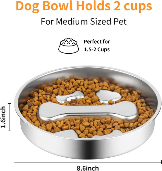 Slow Feeder Dog Bowl - 2 Cups Stainless Steel Dog Slow Feeder Food Bowl, Metal Non-Slip Lick Plate,Puppy or Cat Food Holder,Pet Supplies,Puzzle Maze Dish for Medium Sized Breeds