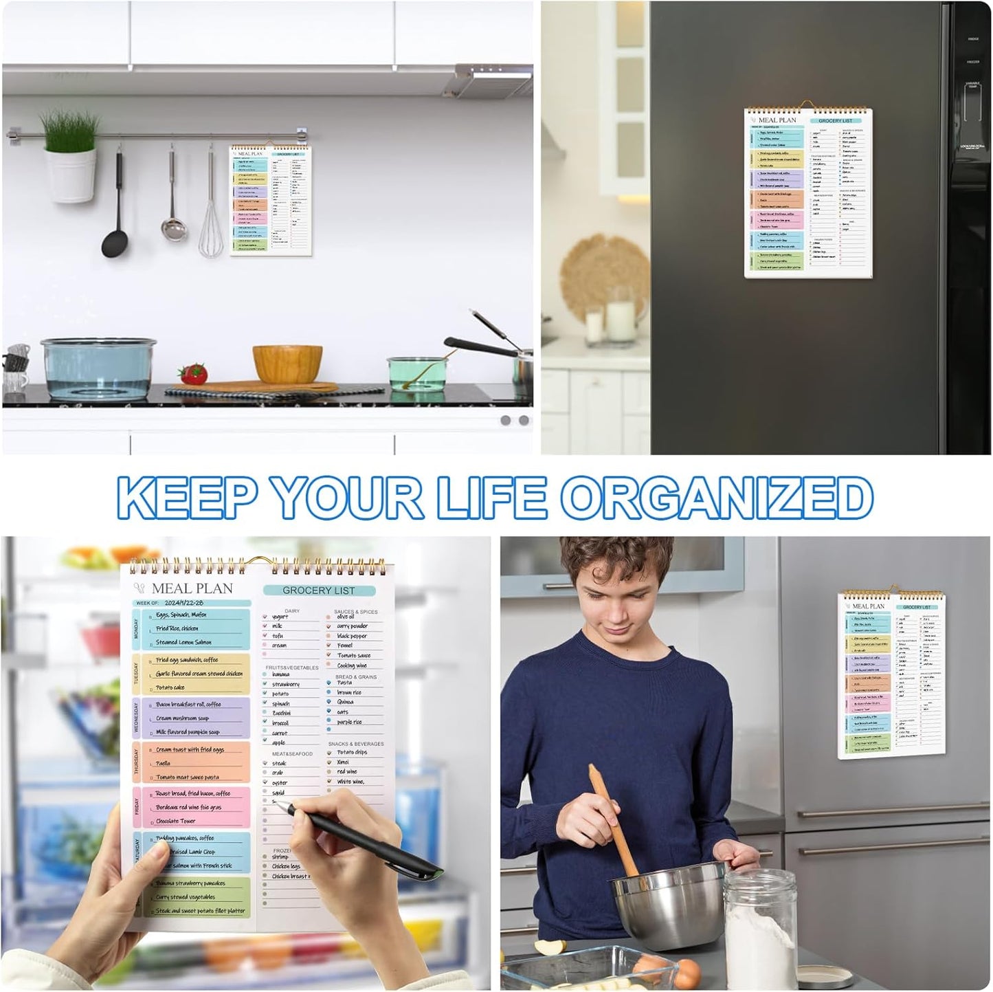 Joyberg Weekly Meal Planner Notebook 8.5x11”, 50 Sheets Weekly Meal Planner Magnetic, Double Helix Meal Planner and Grocery List, Wall-Mountable Menu Planner for Fridge Notepad for Daily & Plan