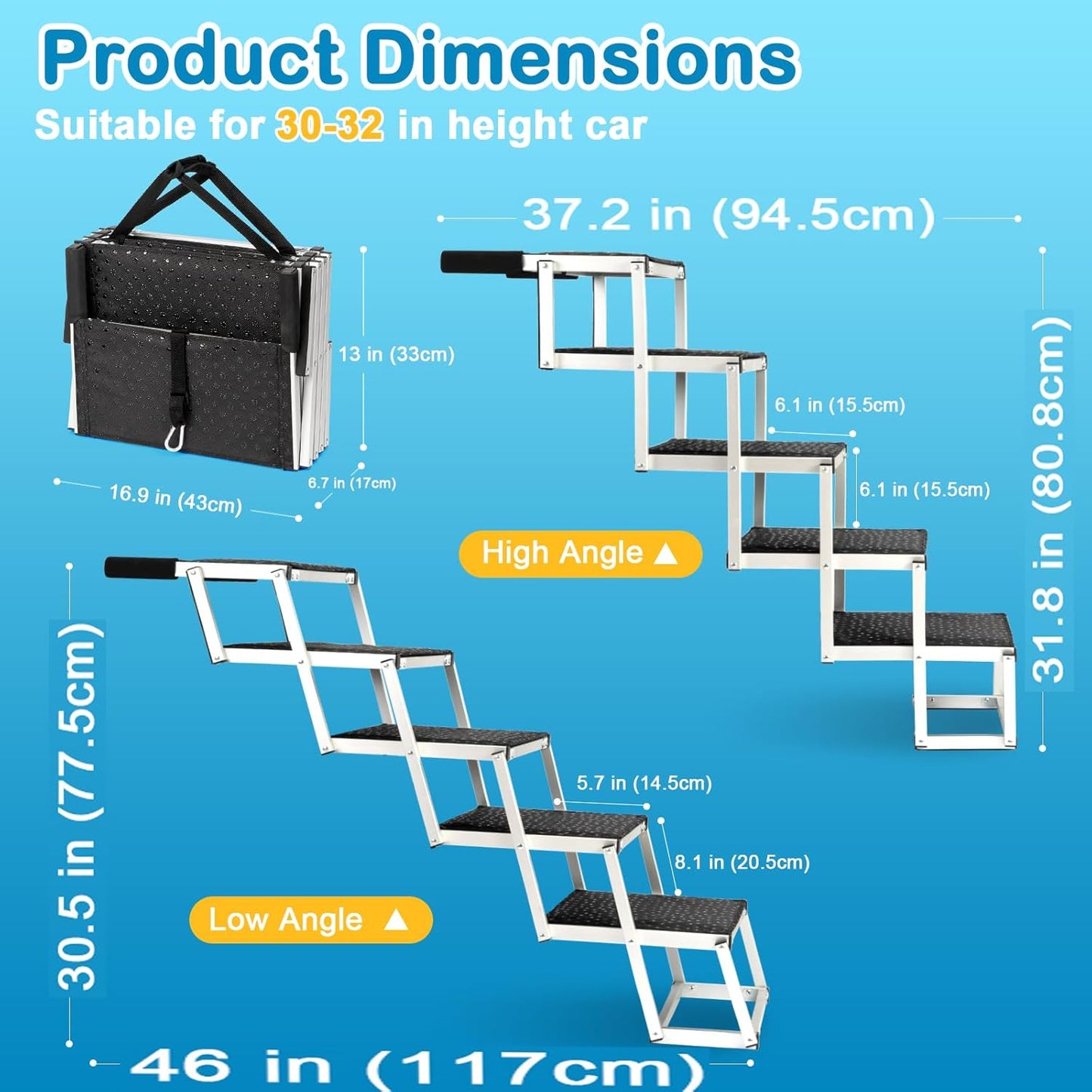 Uross Dog Stairs for Car 5 Steps - Collapsible Dog Steps Ramp for Car and SUV, Aluminum Pet Ramp Stairs for Large Dogs,Telescoping Ladder for Truck, High Bed