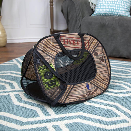 SportPet Designs Pop Open Cat Carrier, Soft-Sided Collapsible Travel Carrier for Cats up to 15 lbs, Lightweight Portable Design with Mesh Ventilation & Secure Zippers, Patterned Live Cat