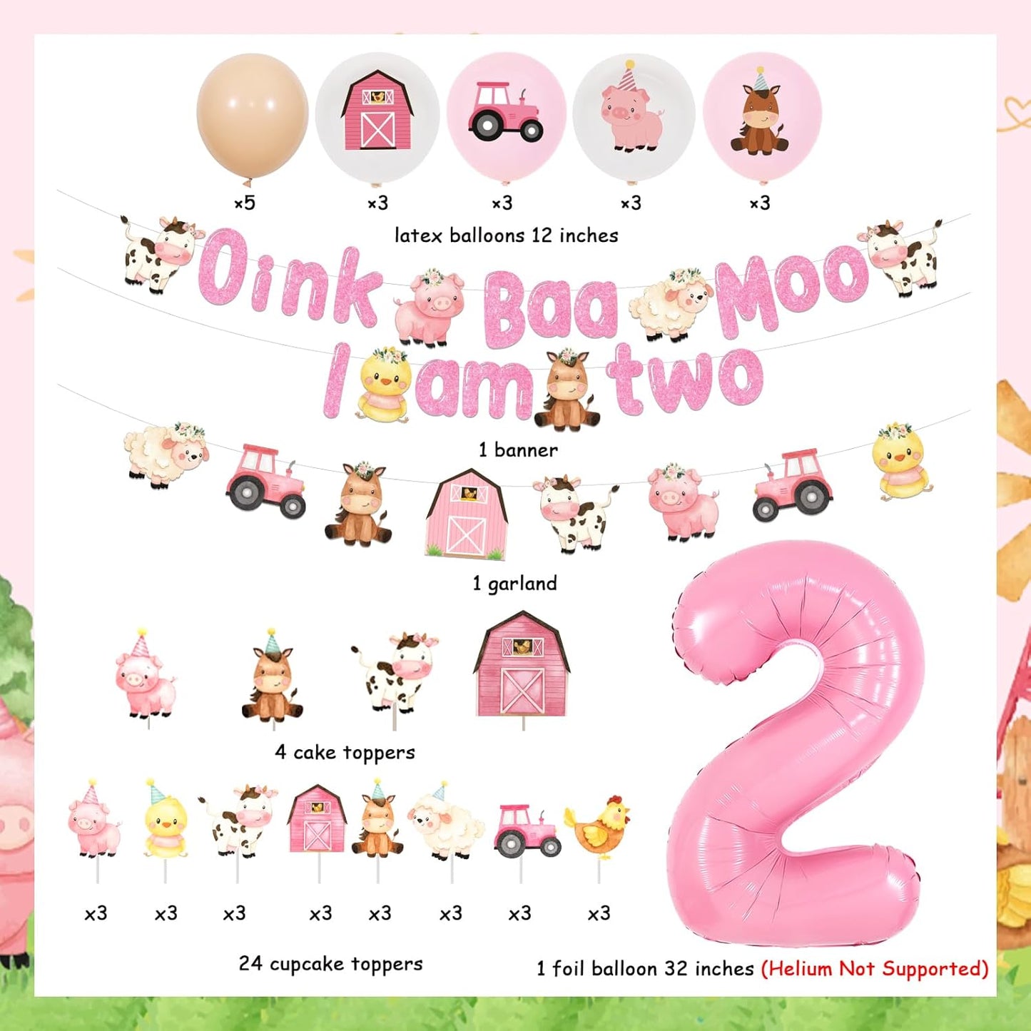 Pink Farm 2nd Birthday Decorations for Girls - Oink Baa Moo I’m Two Farm Animal Theme Birthday Party Supplies with Banner Garland Balloons Cake Toppers Cupcake Toppers