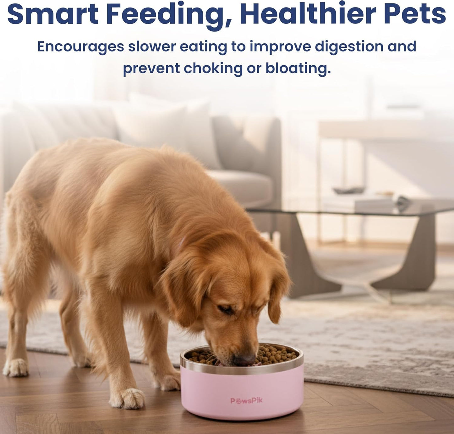 PawsPik 64oz 18/8 Stainless Steel Slow Feeder Dog Bowl, Double-Wall Non-Slip Metal Dog Bowl for Fast Eating Medium & Large Breeds, Detachable Slow Feeder Insert, Dishwasher Safe (Cherry Blossom Pink)