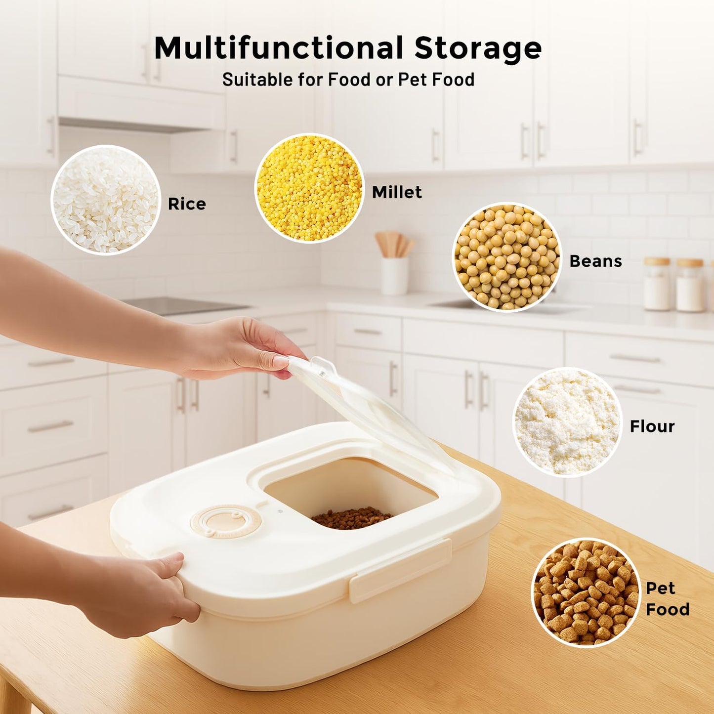 40-50lbs Dog Food Storage Container, Large Capacity Collapsible Airtight Pet Food Storage Containers with Rolling Wheels, Transparent Lid, Scoop and Date Track, Khaki