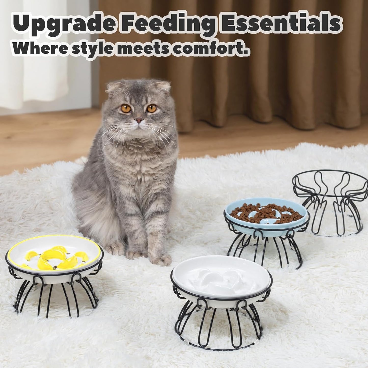 Elevated Cat Bowl Stand - Black Iron Metal Holder with Anti-Slip Grips - Raised Feeding Station for Shallow Cat Food Dishes - 6.7" W x 3.9" H (Bowl Not Included)