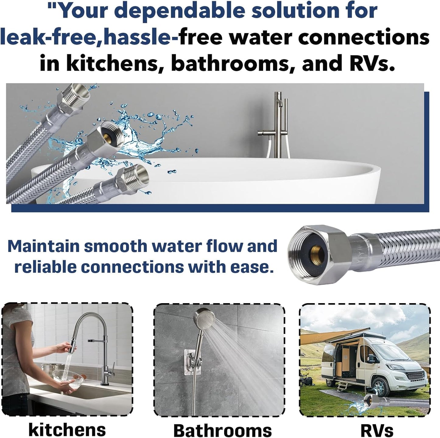 (3-Pack) Faucet Supply Line Extension, 12-Inch – 3/8" Male to 3/8" Female Compression, Stainless Steel Braided with PEX Inner Tube – Ideal for Bathroom, Kitchen, RV & Water Filter Systems