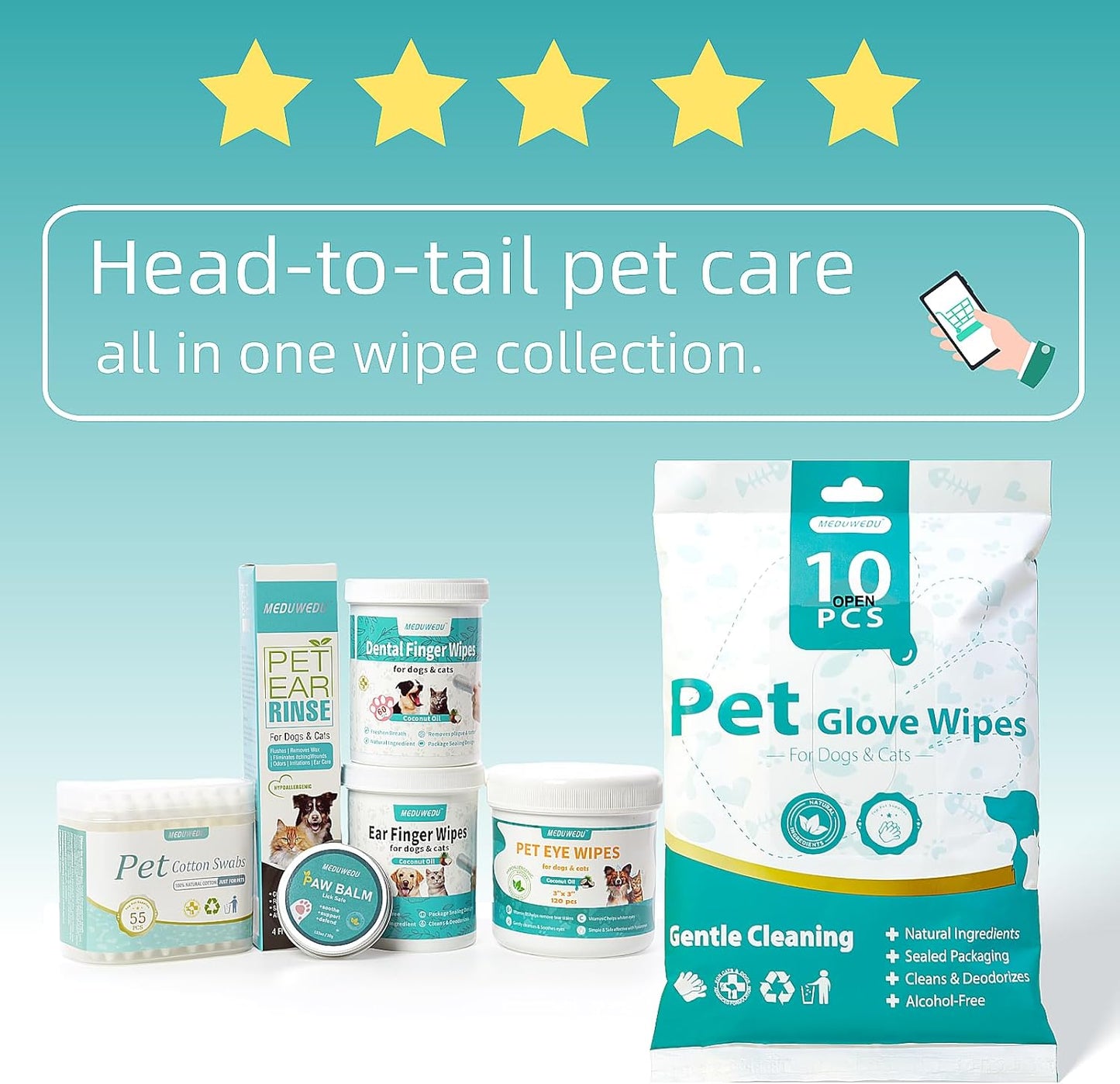 Dental Care Finger Wipes 60 Counts,Teeth Cleaning Finger Wipes for Dogs & Cats,Reduces Plaque & Freshens Breath, Mint Scent