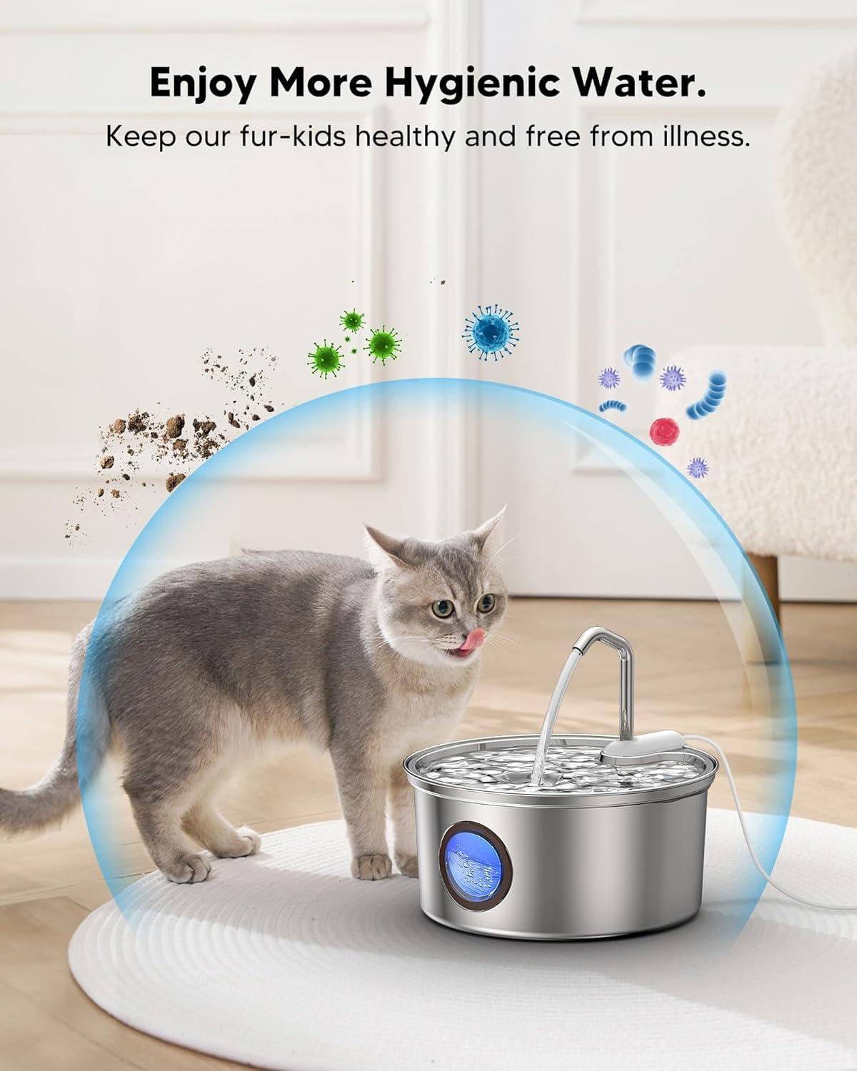 Cat Water Fountain Stainless Steel - 108oz/3.2L Automatic Cat Water Fountain for Drinking with 3 Pcs Filters, Metal Pet Water Fountain Water Dispenser for Cats, Puppy Dogs, Multiple Pets
