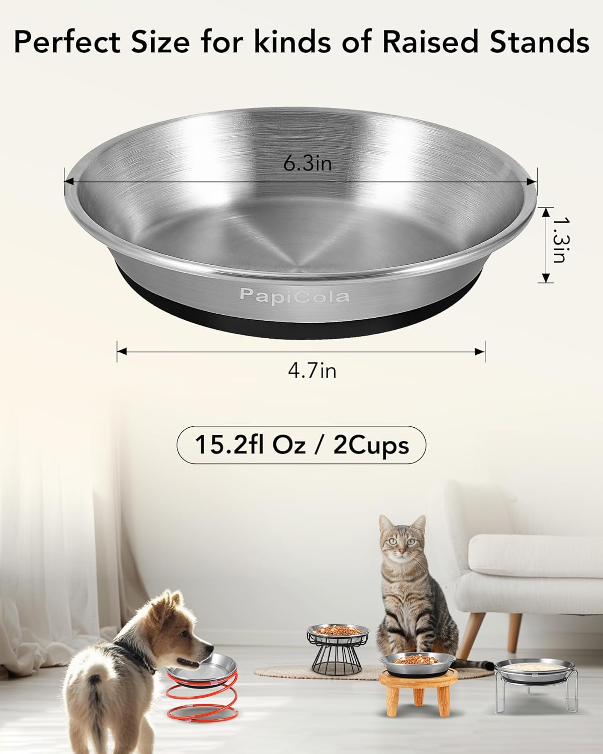 Stainless Steel Cat Bowls 3PCS, Non-Slip cat Food Dishes, Metal Pet Food and Water Bowls, Whisker Friendly with Wide and Shallow Design, 6.3'' Wide, 0.7mm Thick Steel, Ideal Pet Dish (3 PC-6.3in)