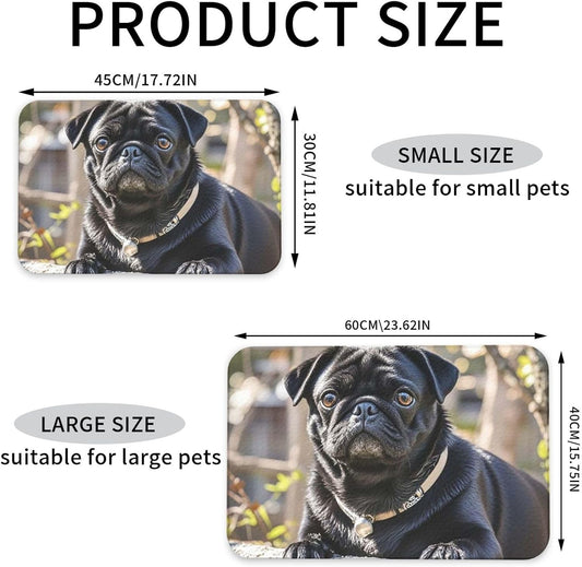 Pet Feeding Mat Leather Dog Food Mat Waterproof Pet Tablecloth Cute Black Pug Dog Pet Placemat for Dogs Absorbent Dog Bowl Mat Anti-Slip Dogs Mats for Food and Water