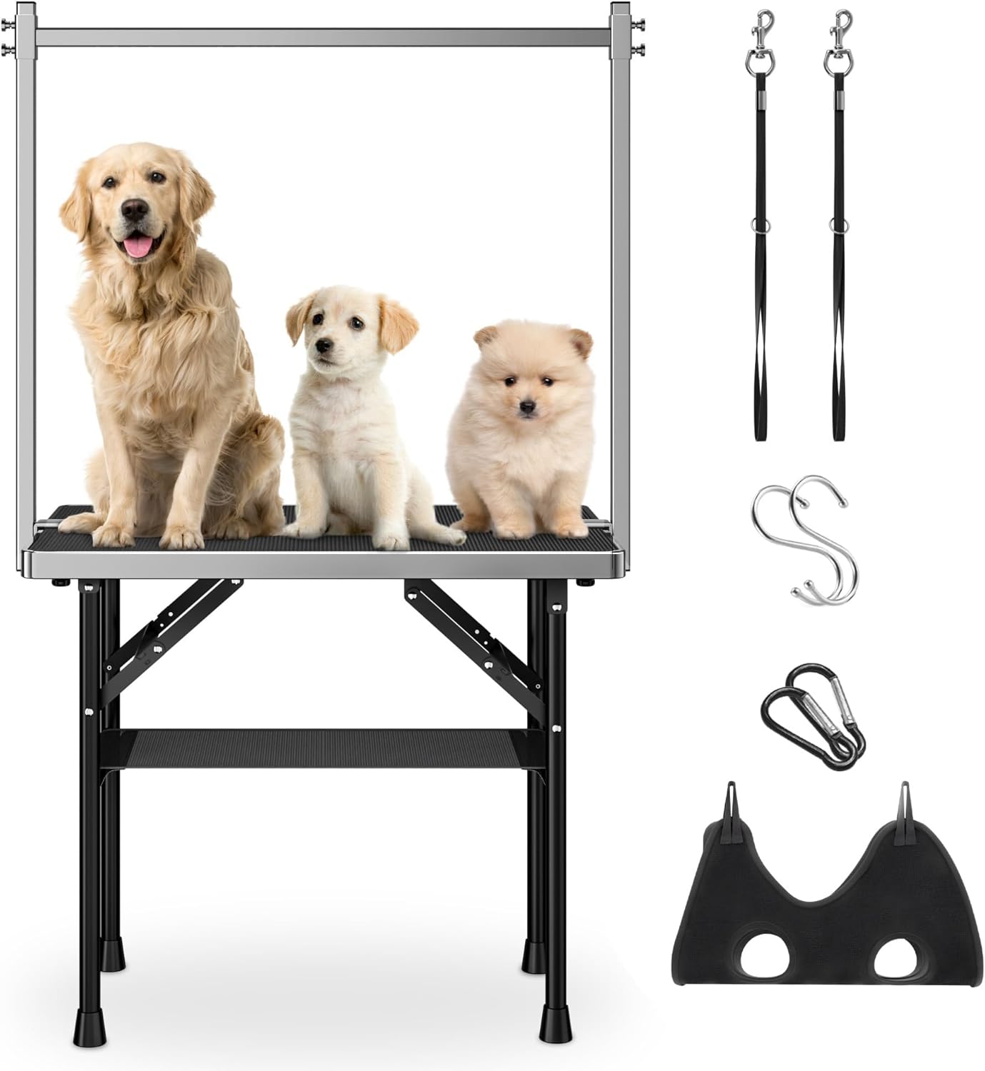 niffgaff Dog Grooming Table with Arm, Hammock & Nooses, 30" H Foldable Heavy Duty Pet Grooming Station, 35.5" L×23.6" W Non-Slip Waterproof Tabletop, 33.5" Height Adjustable Stainless H-Frame Arm