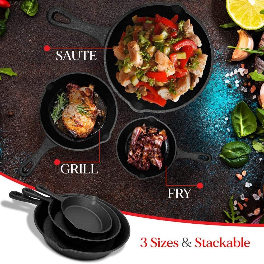 NutriChef Pre-Seasoned Cast Iron Skillets - 3 Pieces Cast Iron Cookware Set w/Drip Spout and Scraper - Compatible with Induction, Electric Stovetop, Gas, & Ceramic - NCCI76