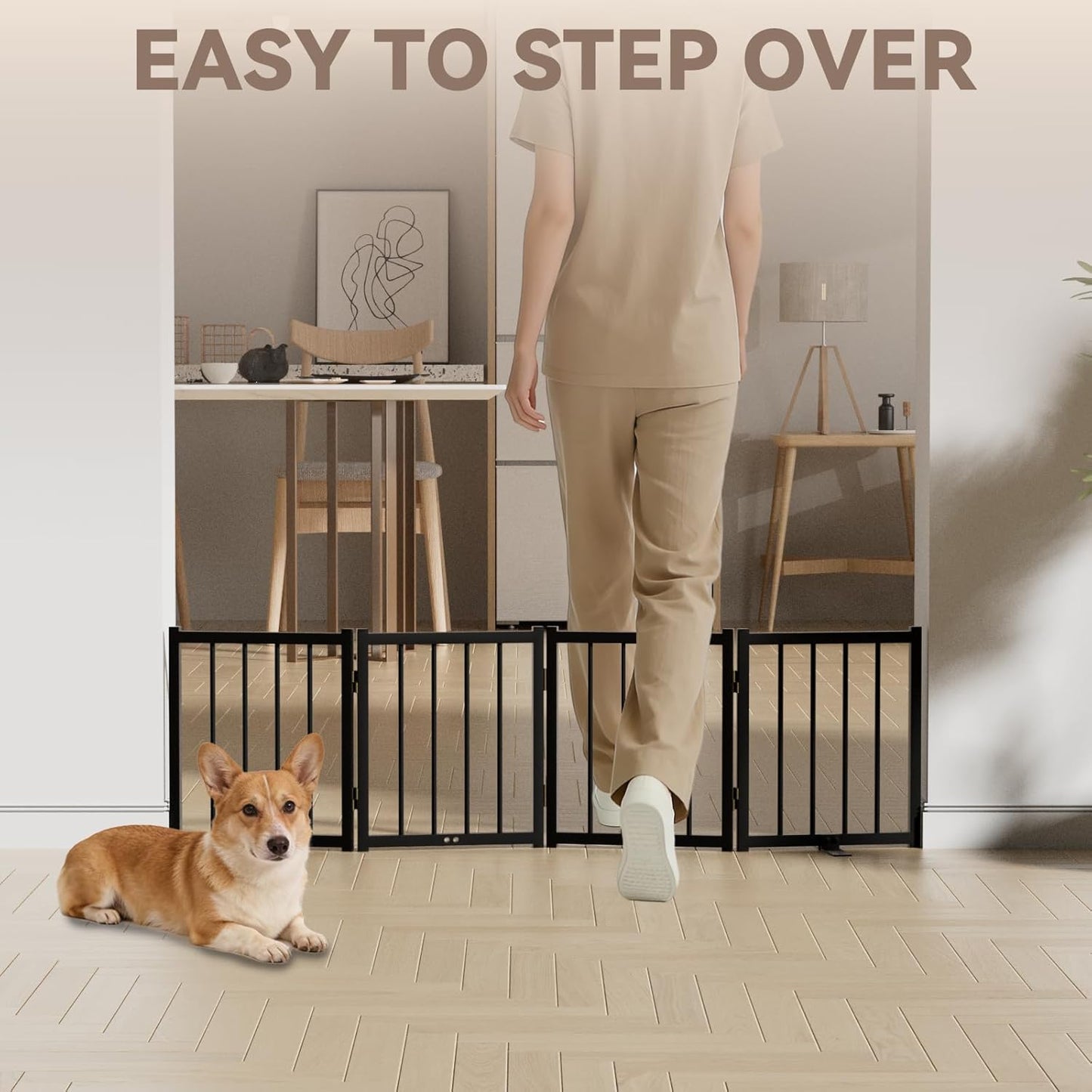 16" Freestanding Short Dog Gate for Small Dogs – Foldable & Retractable, Expands Up to 48" Wide, 4-Panel Pet Barrier for Doorways, Stairs & Hallways (Black)