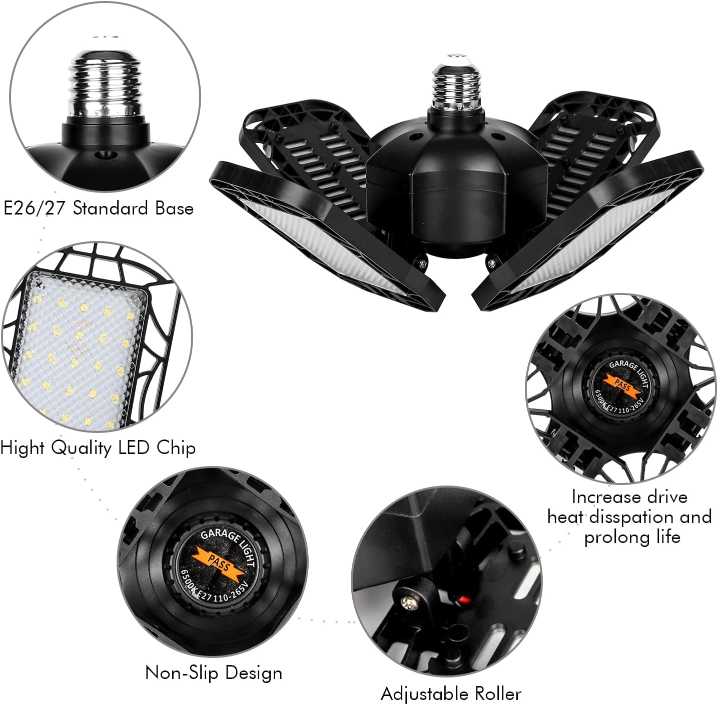 LED Garage Light 4 Pack, 120W Ultra Bright LED Shop Light with 4 Adjustable Panels, 12000LM E26/E27 Base Deformable Ceiling Fixtures for Garage, Workshop, Attic, Basement, Barn (Black-4 Pack)