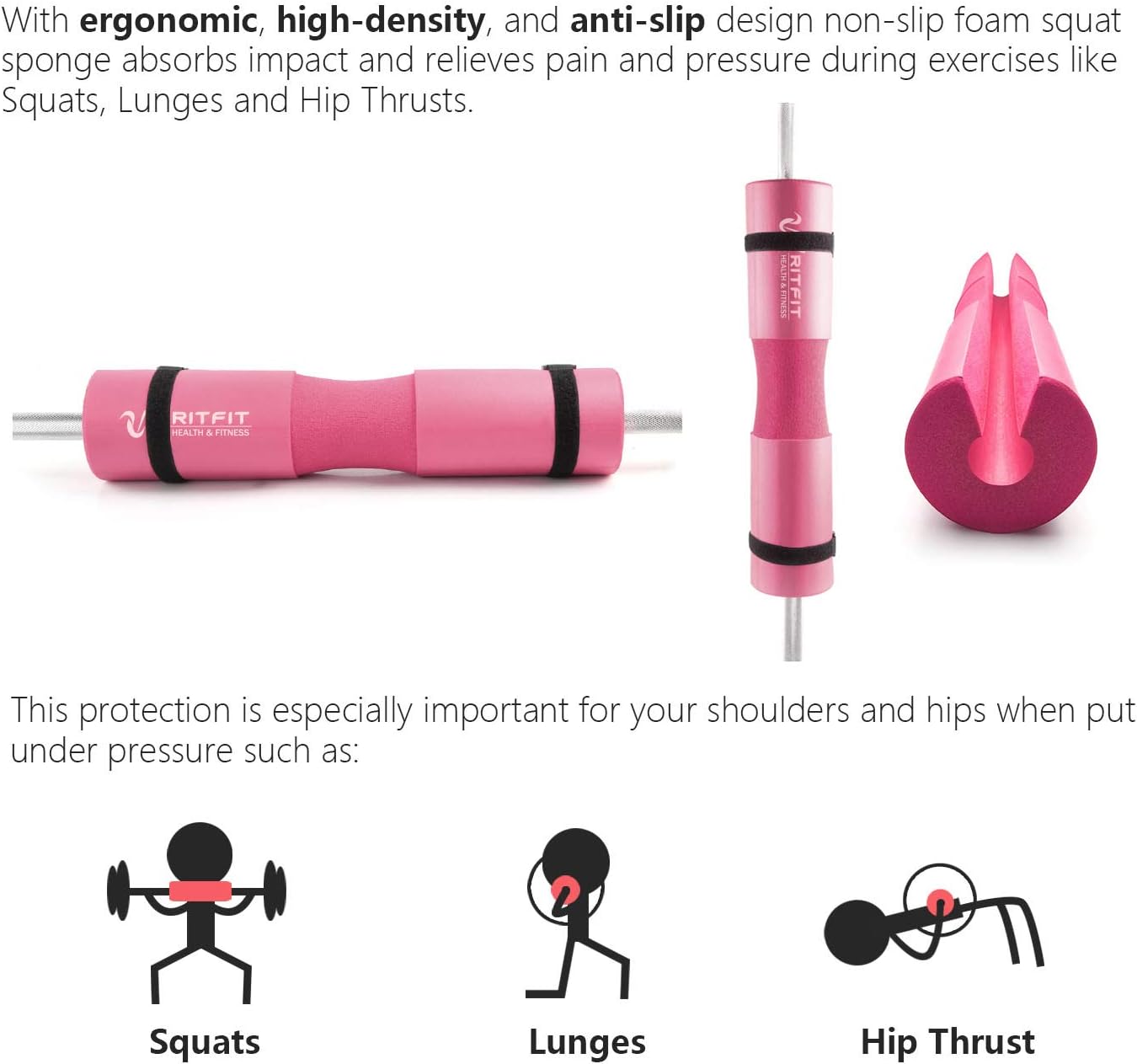 RitFit 7 Pcs Barbell Squat Pad Set, with Resistance Band, 2 Safety Straps, 2 Gym Ankle Straps & Carry Bag, Upgraded Neck & Shoulder Protective Pad Support for Squats, Lunges & Hip Thrust (Pink/Black)