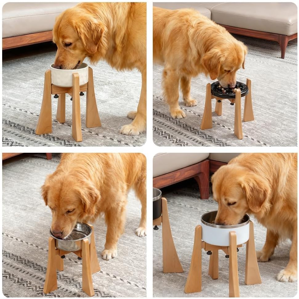 Elevated Dog Bowl Stand - Nature Beech Wood Stand 10-inch High Neck-Protecting Raised Stand for Medium & Large Sized Dog Adjustable Bowl Base Non Toxic Pet-Friendly Feeder Stand
