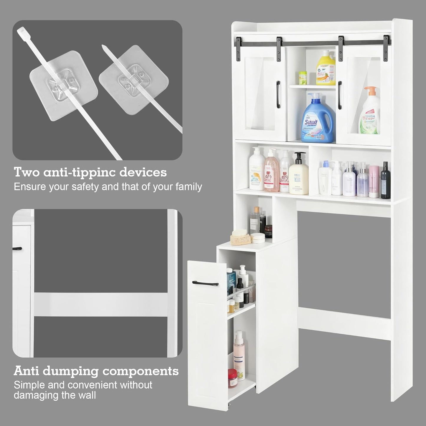 Extendable Rolling Drawer-Style Toilet Storage Cabinet. Conveniently Mobile. Sliding Storage Doors. Adjustable Shelving. Compact Bathroom Storage. Toilet Paper Holder. Bathroom, Toilet, Laundry Room
