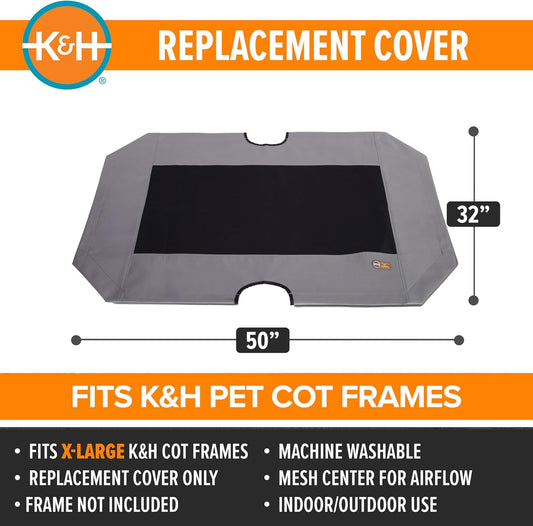 K&H Pet Products Dog Cot Replacement Cover, Designed to fit K&H XL Pet Cots (Sold Separately), Indoor Outdoor, Breathable Cooling Mesh Center, Machine Washable - Extra-Large 50 X 32in Gray