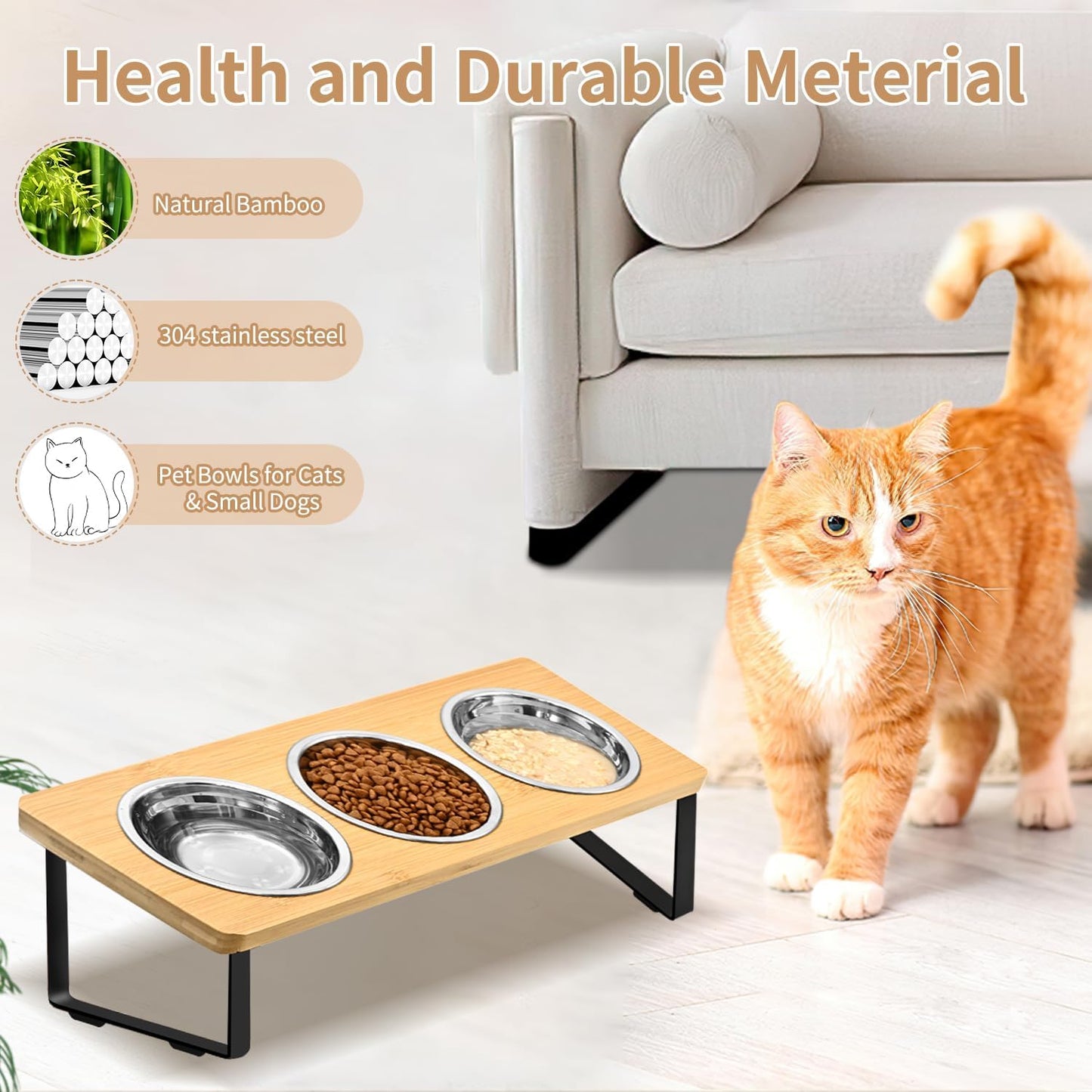 Raised Cat Food Water Bowl,Small Dog 15 ° Tilted Elevated Food Feeding Tray with Three Stainless Steel Bowls to Protect The Spine of Cats and Dogs from Vomiting (Wood Color) (3 Bowls)