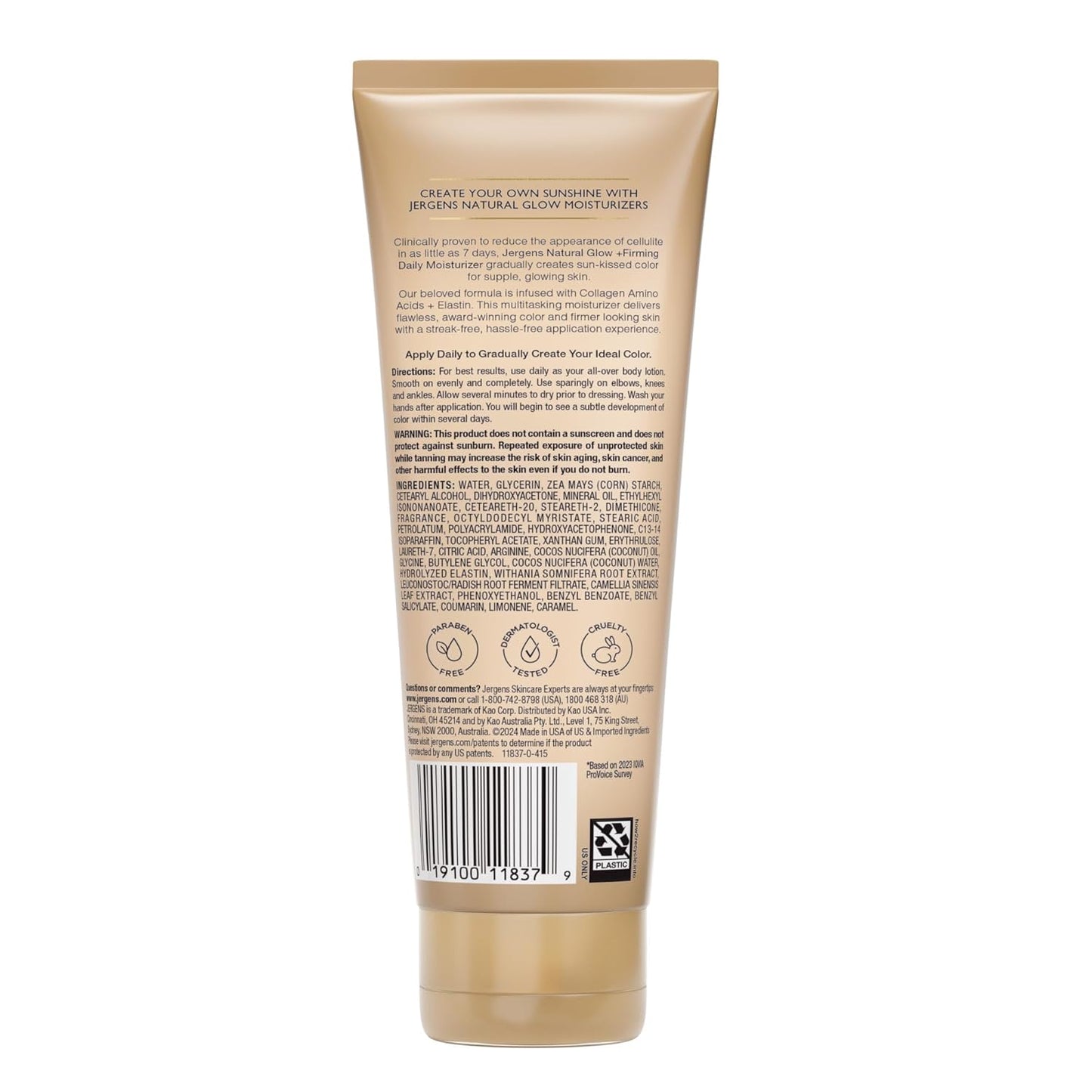 Jergens Natural Glow +Firming Self Tanner Body Lotion, Fair to Medium Skin Tone, Sunless Tanning Moisturizer with Collagen and Elastin. Helps to Visibly Reduce Cellulite, 7.5 Fl Oz