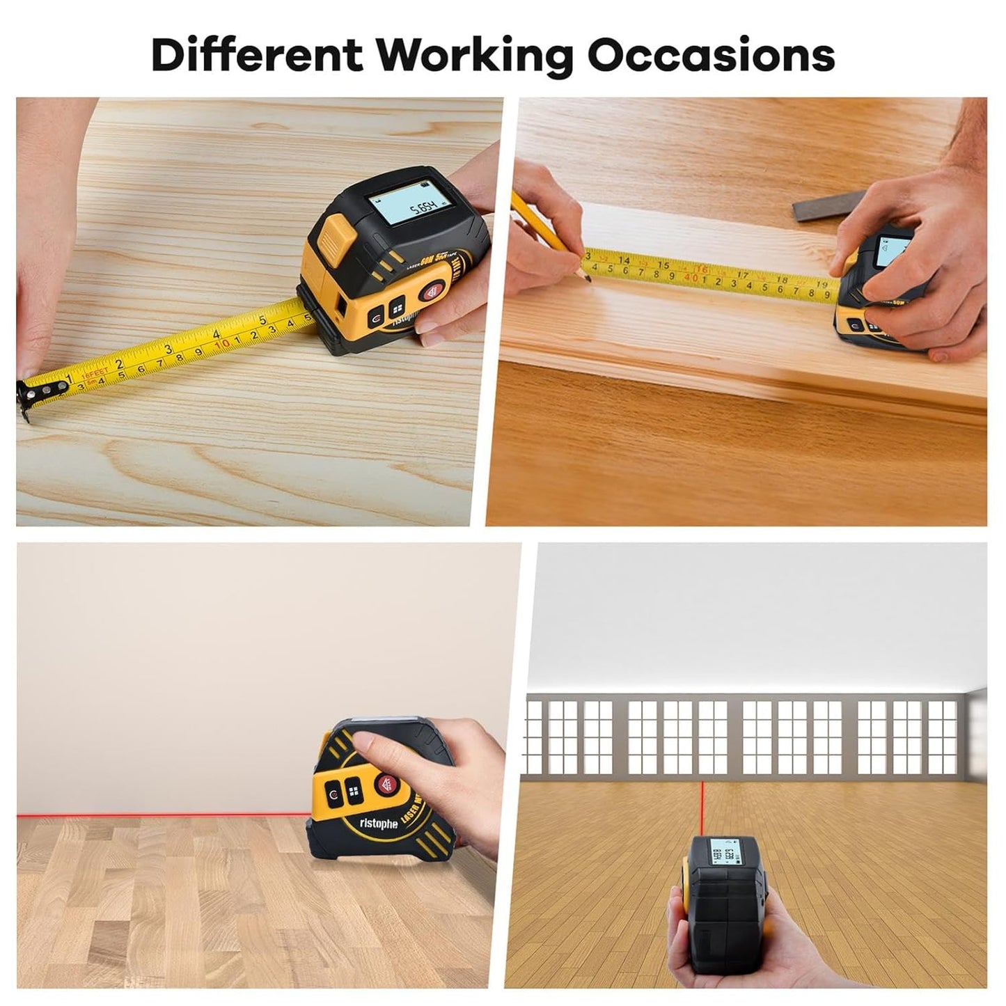 2-in-1 Laser Tape Measure - ristophe 197Ft Digital Tape Measure & 16Ft Measuring Tape with LCD Display - Pythagorean, Area, Volume Laser Measuring Tool for Construction & Woodworker (M/in/Ft Unit)