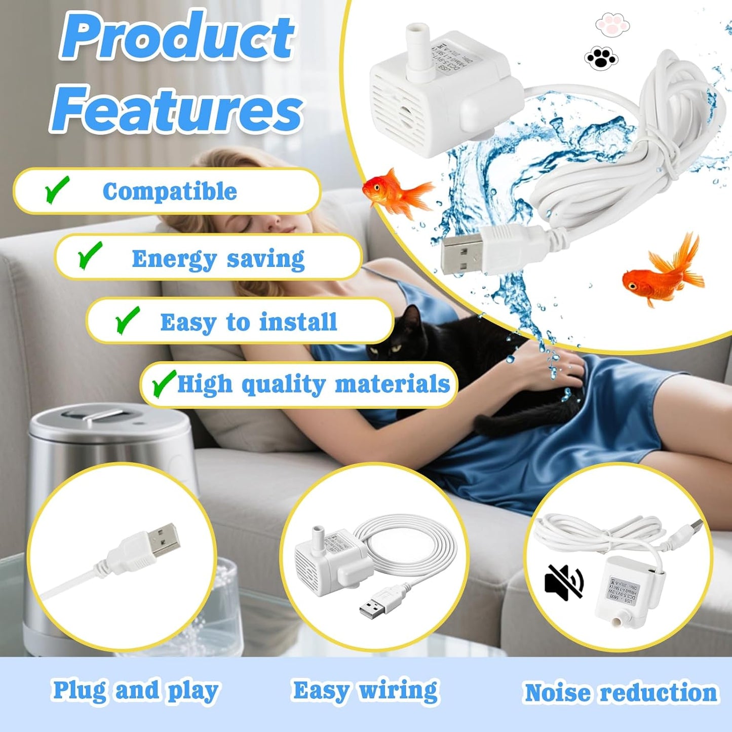 Water Fountain Pump Replacement - 3.5-9V White Mini Submersible Pump,USB-5800 for Pet Fountains, Fish Tanks, Crafts & Plants - Quiet, Durable & Universal Fit
