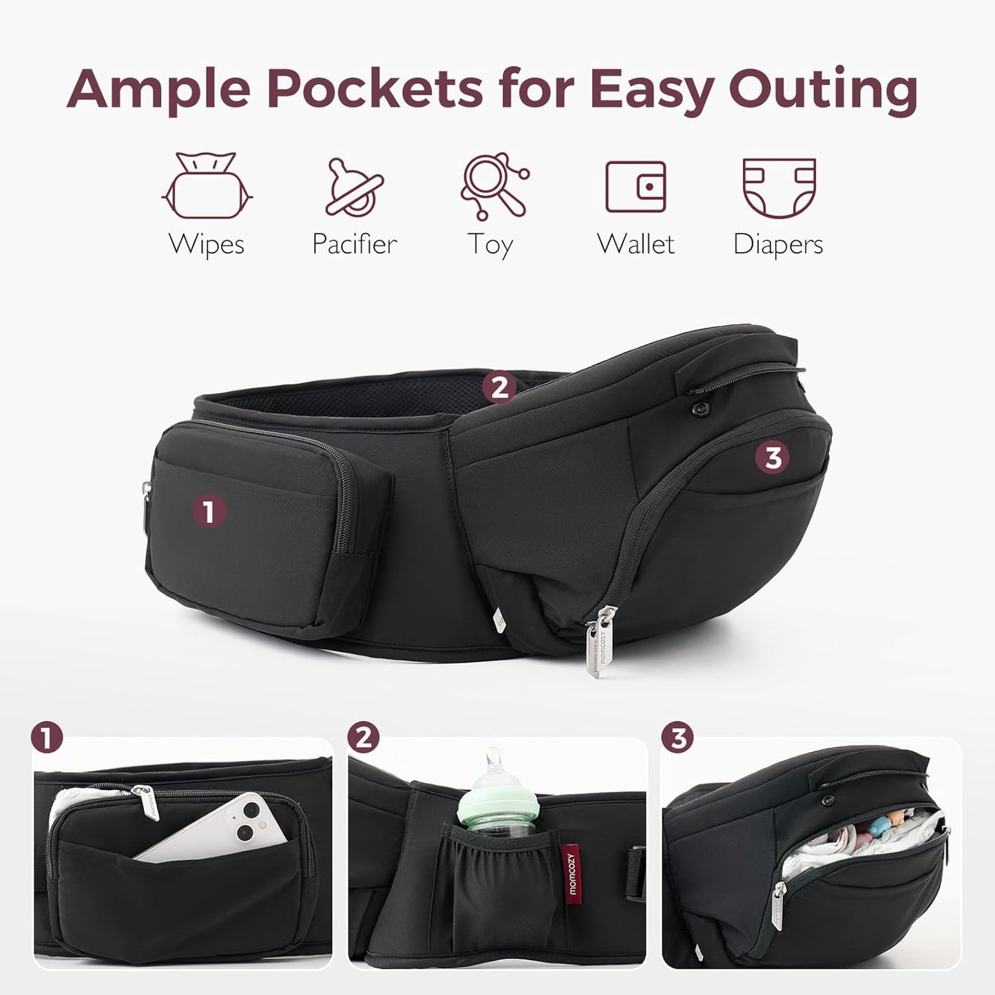Momcozy Baby Carrier with Hip Seat, 2-in-1 Forward-Facing Carry for Long Walks, Detachable Hands-Free Infant Carrier up to 44lbs, All Seasons Toddler Carrier Fits Waist Sizes up to 45 Inches, Black