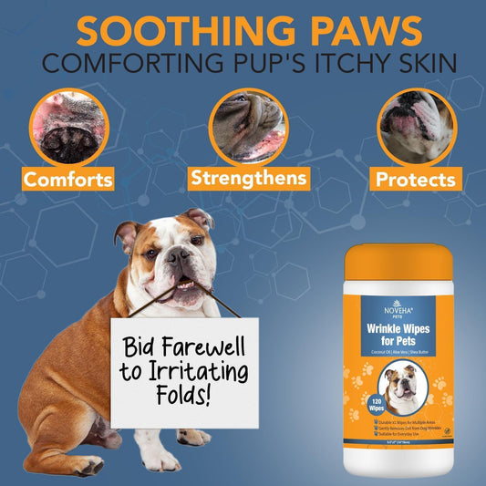 NOVEHA 5”x7” Large Dog Wipes | Wipes for Bulldog, French Bulldog, Pug, English Bulldog | Deodorizing, for Multiple Areas Removes Dirt, Wrinkles, Folds, Tear Stain, Tail Pocket & Paws (3PK-120 Counts)