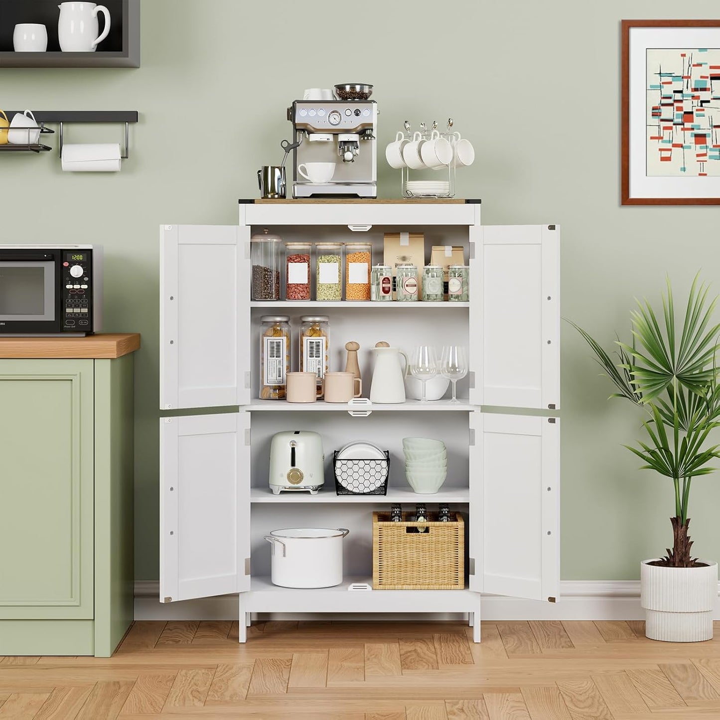 Bathroom Floor Storage Cabinet,Modern Bathroom Cabinet,Adjustable Shelves Freestanding Kitchen Pantry Bathroom Organizers and Storage,4 Doors(23.63L x 11.8W x 43.3H inch)