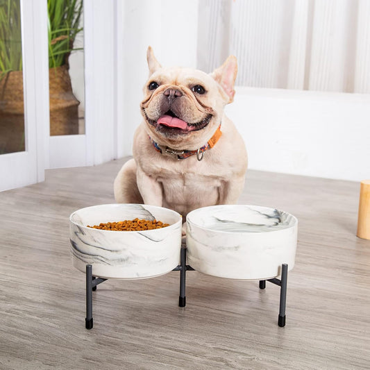 TAMAYKIM 32 oz Ceramic Dog Cat Bowls with Elevated Metal Stand, 6 Inch Porcelain Round Food and Water Bowl Set, Non-Slip Pet Feeder Bowls for Cats & Dogs, Marble Grey, Set of 2