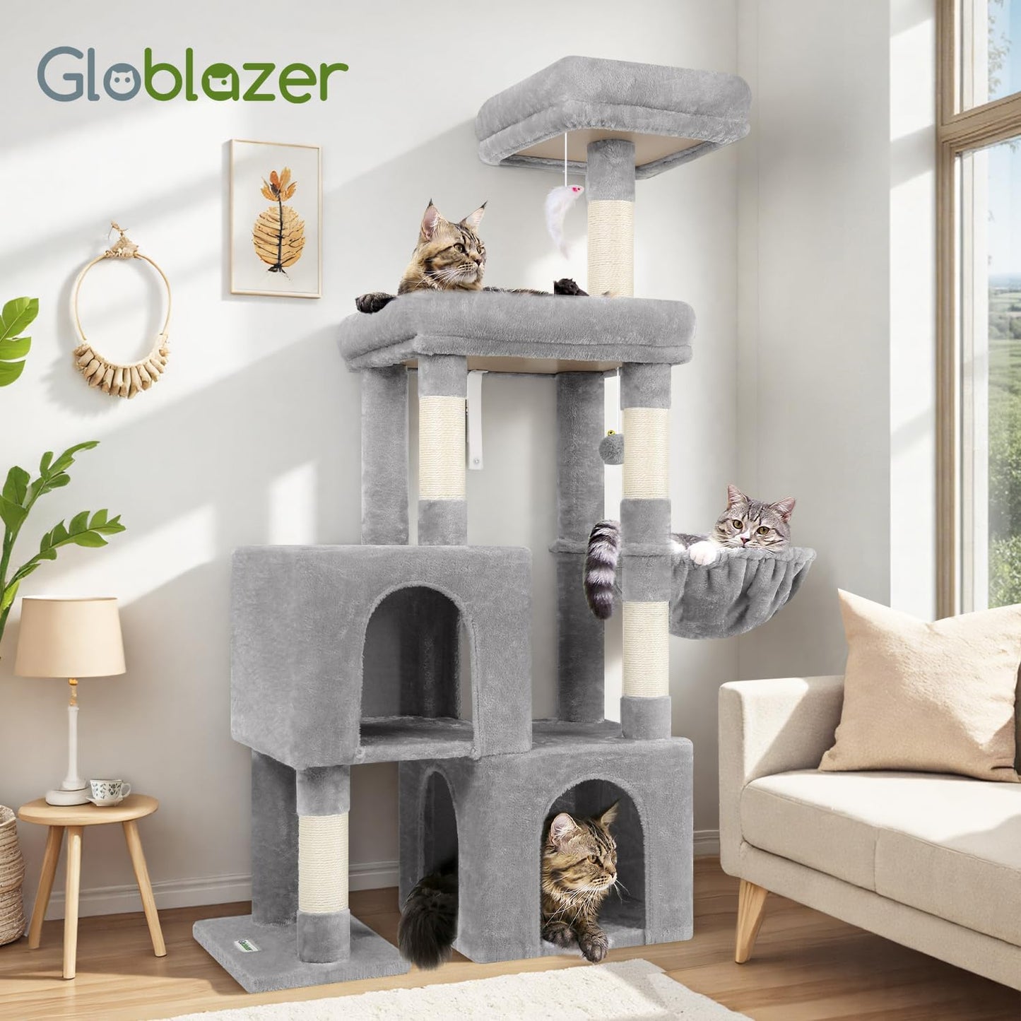 Globlazer Cat Tree Tower with 2 Cat Condos for Multiple Indoor Cats, 52in Multi-Level Plush Cat Condo Tower with 5 Sisal Scratching Posts, 2 Padded Perches, Big Basket, Widened Base, S52, Light Grey