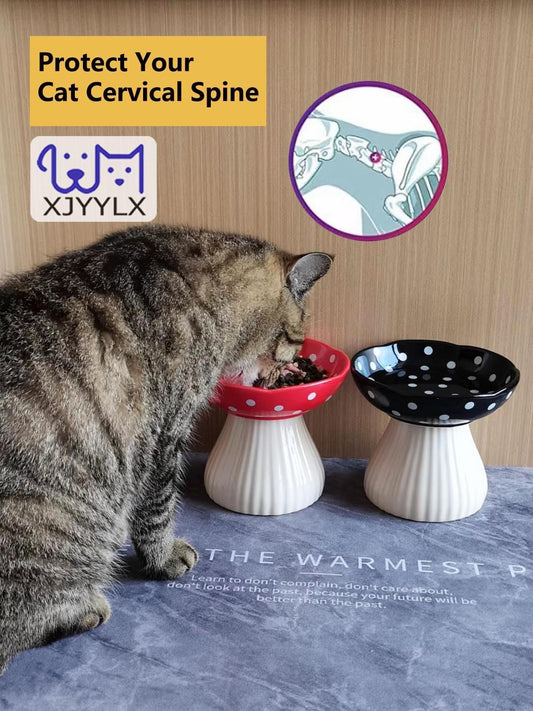 Elevated Mushroom Cat Bowls Ceramic, Raised Cat Bowls for Indoor Cats, Cute Whisker Fatigue Cat Bowl, Raised Dog Bowl Stand for Food and Water, Black 6" Wide for Adult Cats