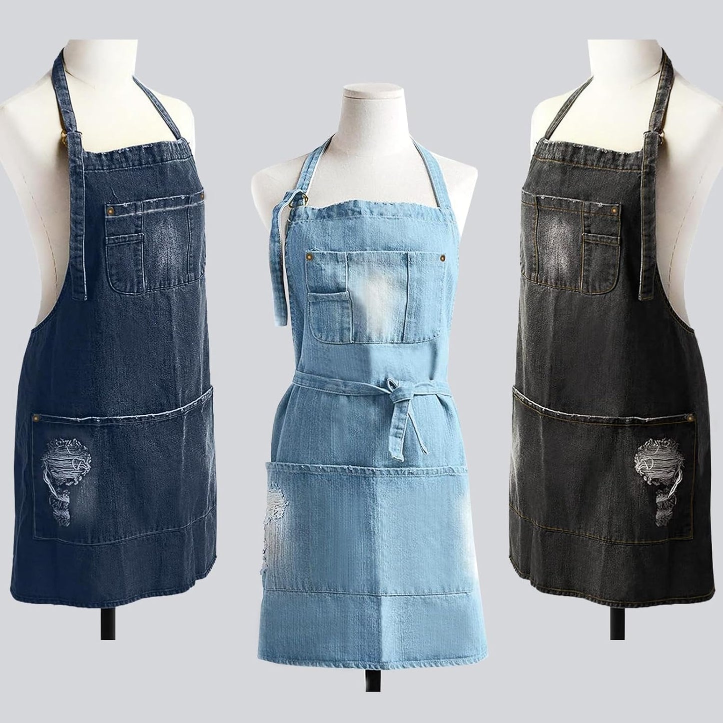 Denim Apron With 5 Pockets for Kitchens,Hairstylist Aprons for Women Men,Adjustable Bib Jean Apron for Arts Cafe Work