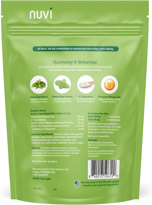 Nuvi Calming Chews for Dogs — Anxiety & Stress Relief Soft Chews | Non-Drowsy, Vet-Recommended Ingredients | Separation Anxiety, Fireworks, Travel | 90 Count
