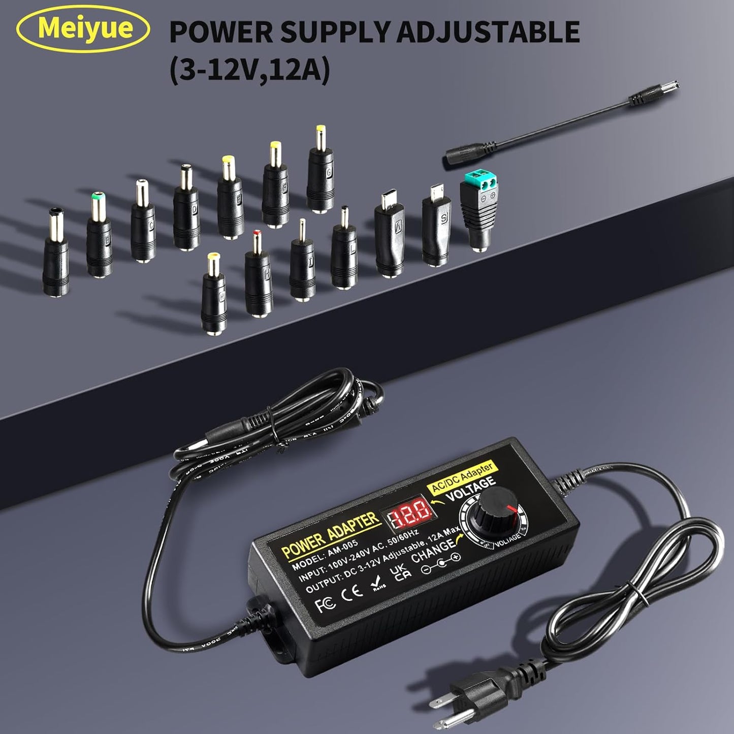 Universal Power Supply Adjustable 3V~12V 12A 144W Variable Switching Power Adapter 100V-240V AC to DC Converter Transformer with 14 Plugs&Polarity Converter,LED Voltage Display3V4V5V6V7V8V9V10V11V12V