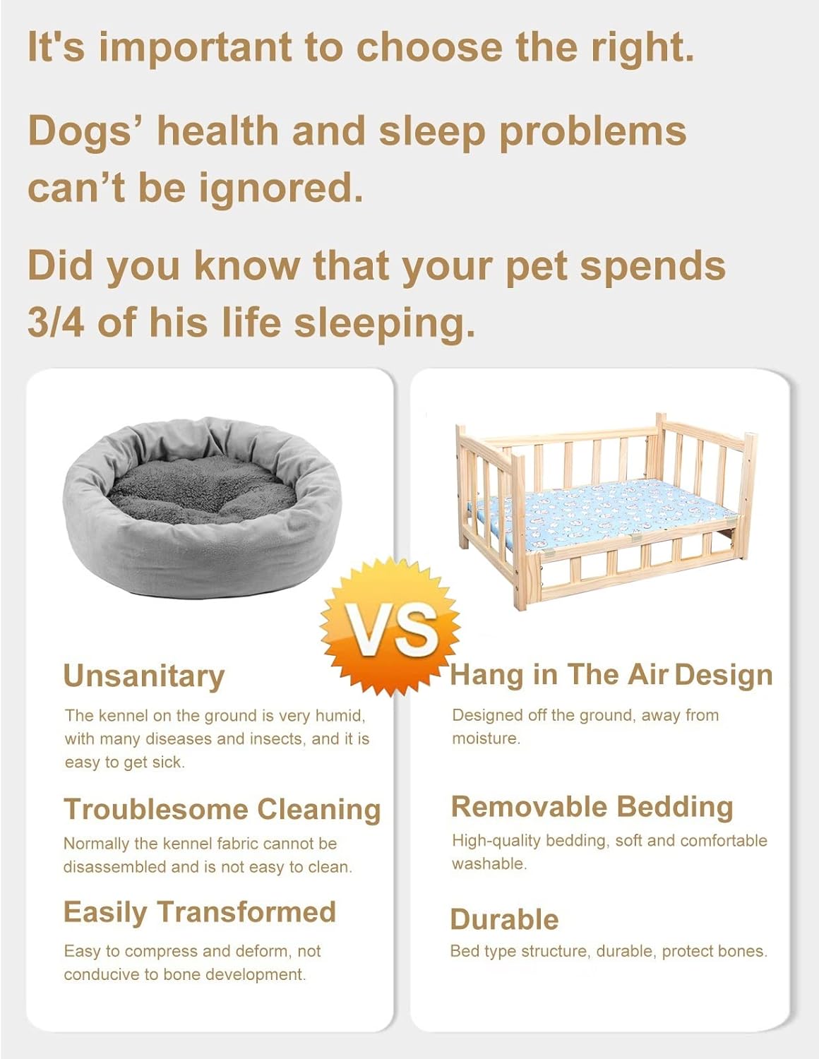Pet Bed Wooden Modern Elevated Dog Bed, Orthopedic Relief Raised Pets Cot with Fence & Mattress, for Indoor Outdoor Travel, Machine Wash & Dry (Color : Style1, Size : M-75x50x42cm/3