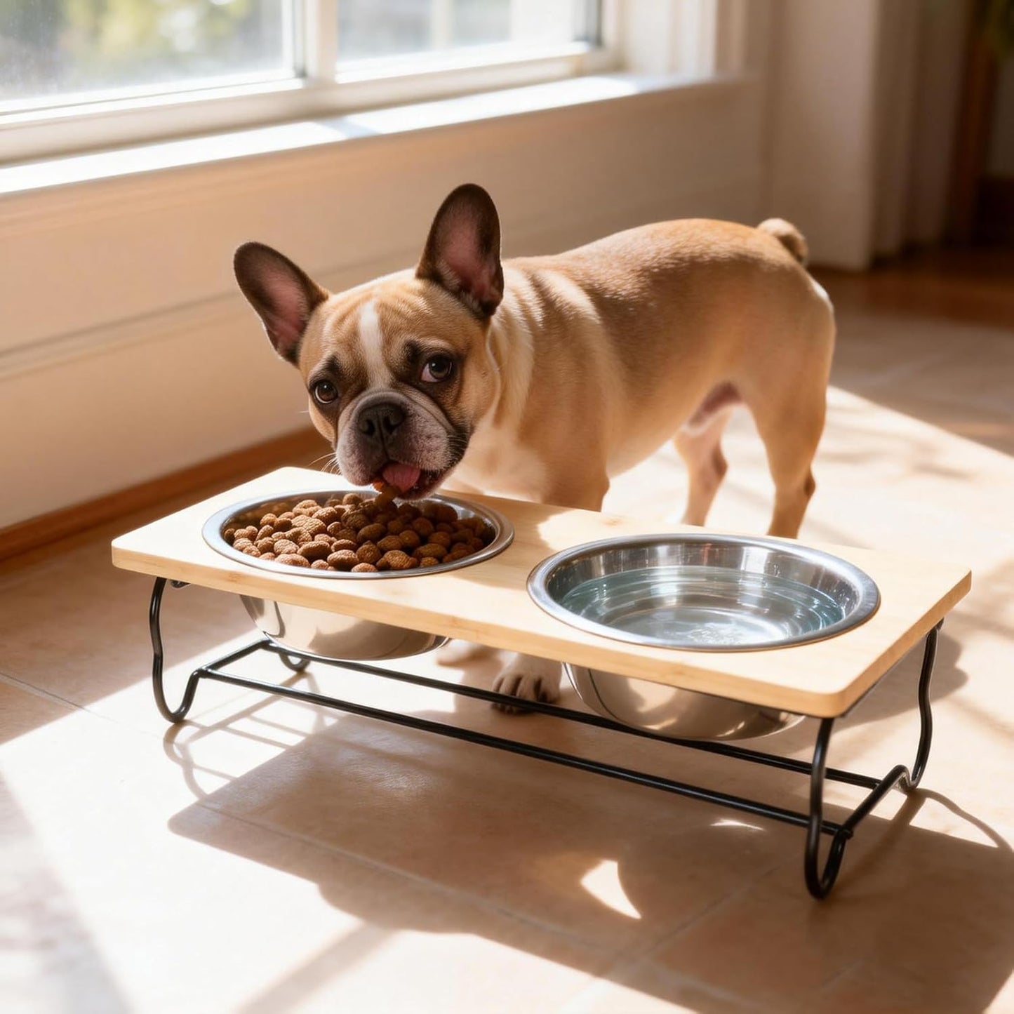 Elevated Dog Bowls for Small Medium Dogs,Wooden Pet Raised Food Bowl Stand Stainless Dishes Feeding Set Wood Stands for Cat and Puppy Feeder Steel Dish Station Bulldog Dachshund Feeders