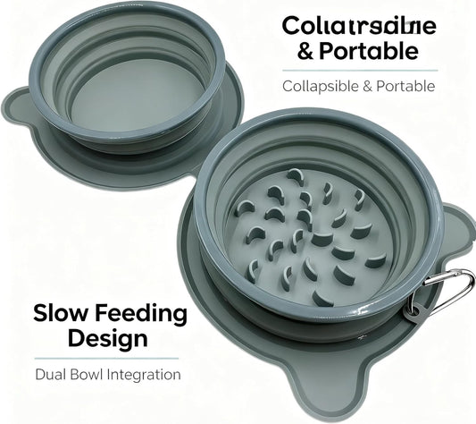Collapsible Dog Bowls, 2-in-1 Silicone Pet Food and Water Bowl with Carabiner - Portable Double Compartment Travel Dish for Dogs, Ideal for Camping, Hiking, Car Rides, Puppy Essentials (Gray)